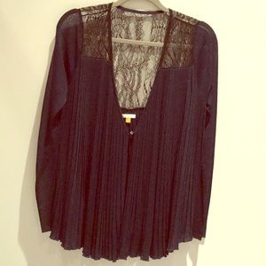 Blue and black pleated and lace cardigan blouse